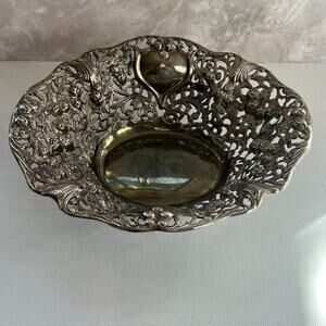 Vintage Silver Color Metal Art Ornate Repousse Victorian Bread Serving Bowl